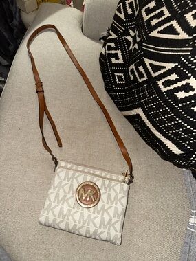 Michael Kors White & Tan MK Logo Crossbody